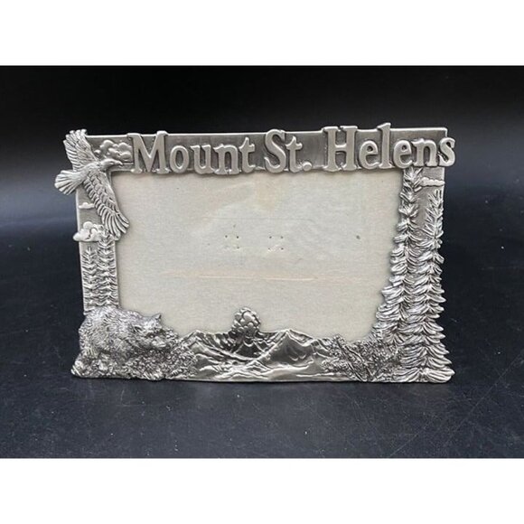 Vintage Pewter Picture Frame Mount St Helens Nature Mountain Trees Eagle 4x6 - Picture 5 of 7